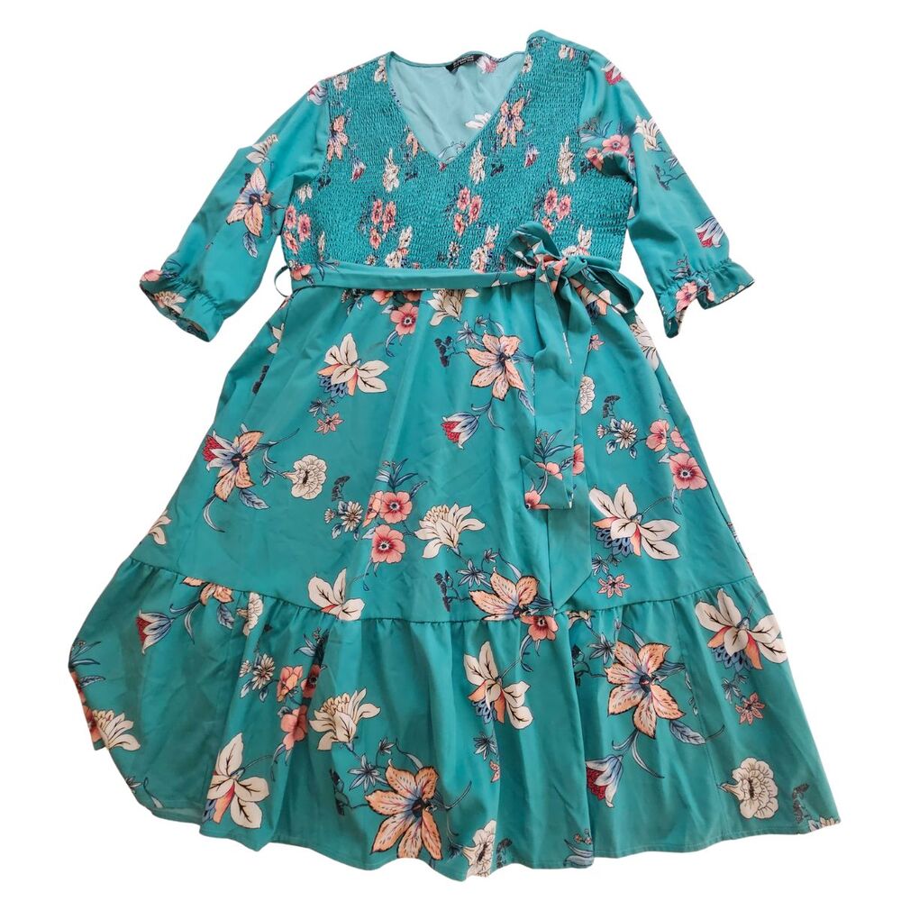 Bloomchic Dress 18/20 Teal Floral Smocked V-Neck Midi Tie Waist Boho Plus Size